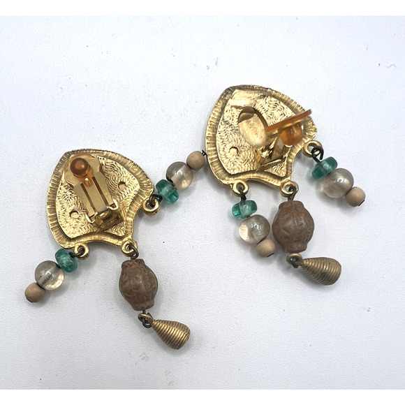Vintage 80s Gold Plated Brutalist Style Glass & Wood Beaded Dangle Earrings FAB! - Picture 4 of 4